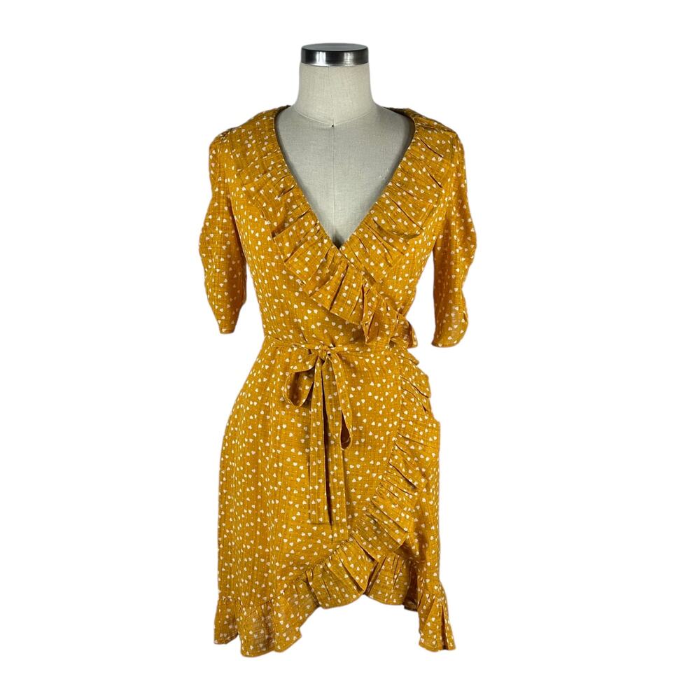 QUANTA DU SOLEIL Yellow Dress Heart Ruffle Wrap Tie Mini Size 34 XS Harriet‎